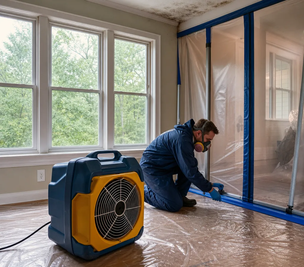 Technician in protective gear setting up containment and a negative air machine in a residential room before mold remediation