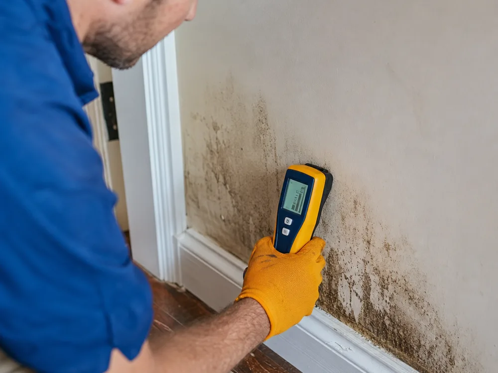 Moisture meter reading on water-stained drywall near a baseboard during mold remediation