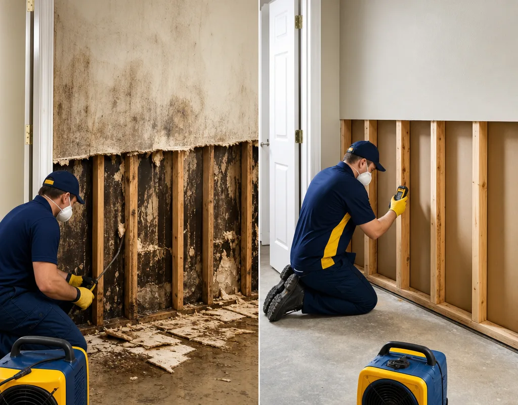 Before and after flood-cut drywall removal and cleaned, dried wall framing ready for rebuild