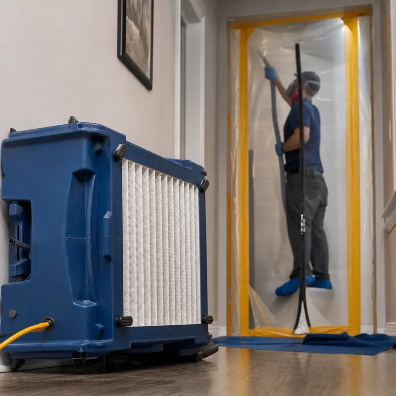 HEPA air scrubber and sealed containment doorway during residential mold remediation