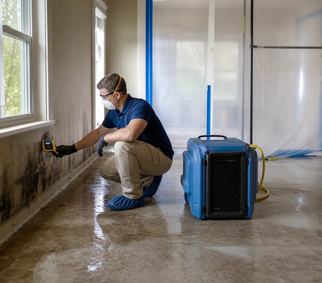 Technician in protective gear inspecting a flood-affected Huntsville home with a moisture meter and containment sheeting