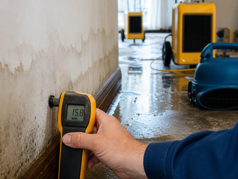Moisture meter reading at a flood line on baseboard and drywall with dehumidifiers operating in the background