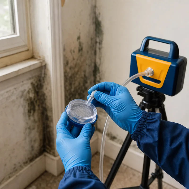 Technician collecting an air sample with a calibrated pump and spore-trap cassette in a residential room