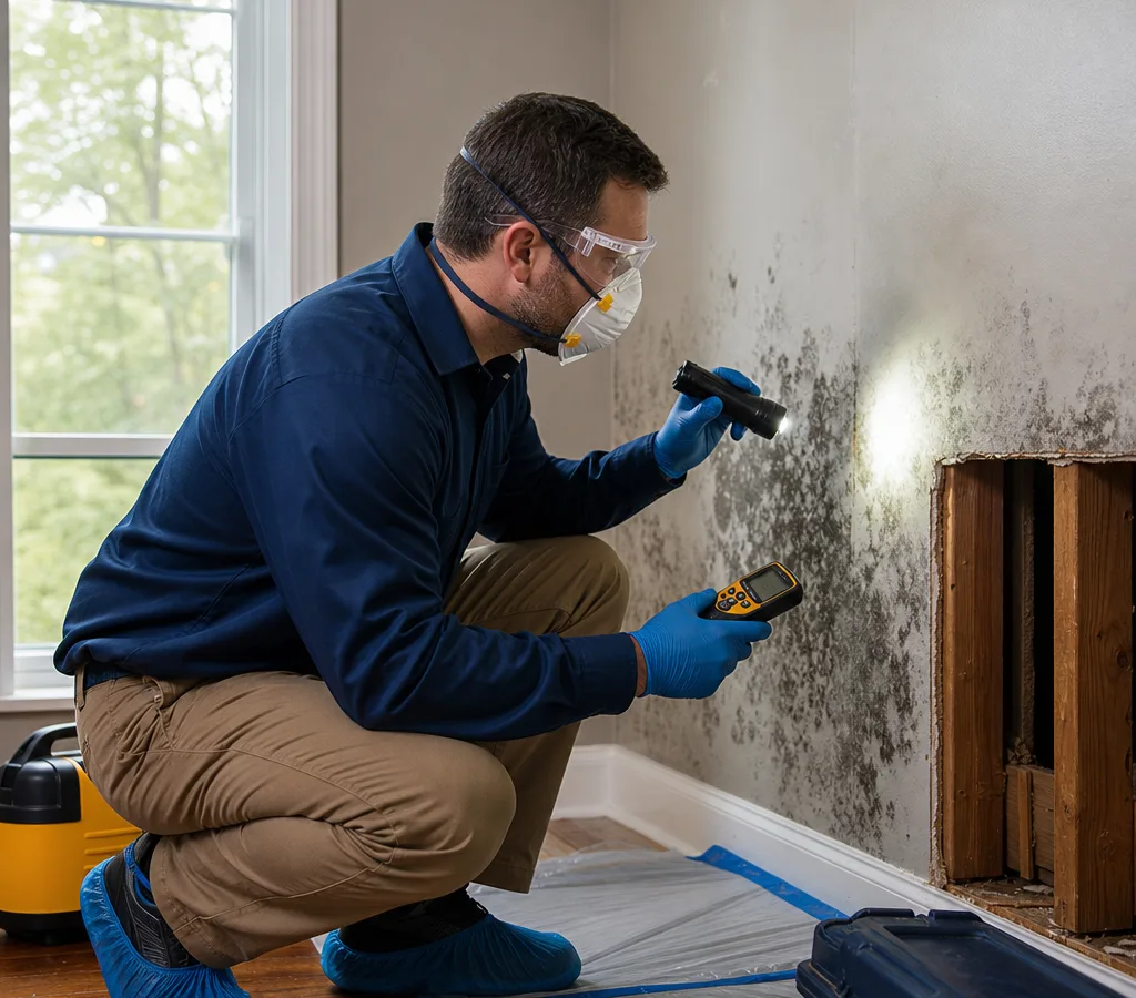Mold inspector in protective gear examining a wall and ceiling with a flashlight and moisture meter inside a Huntsville home