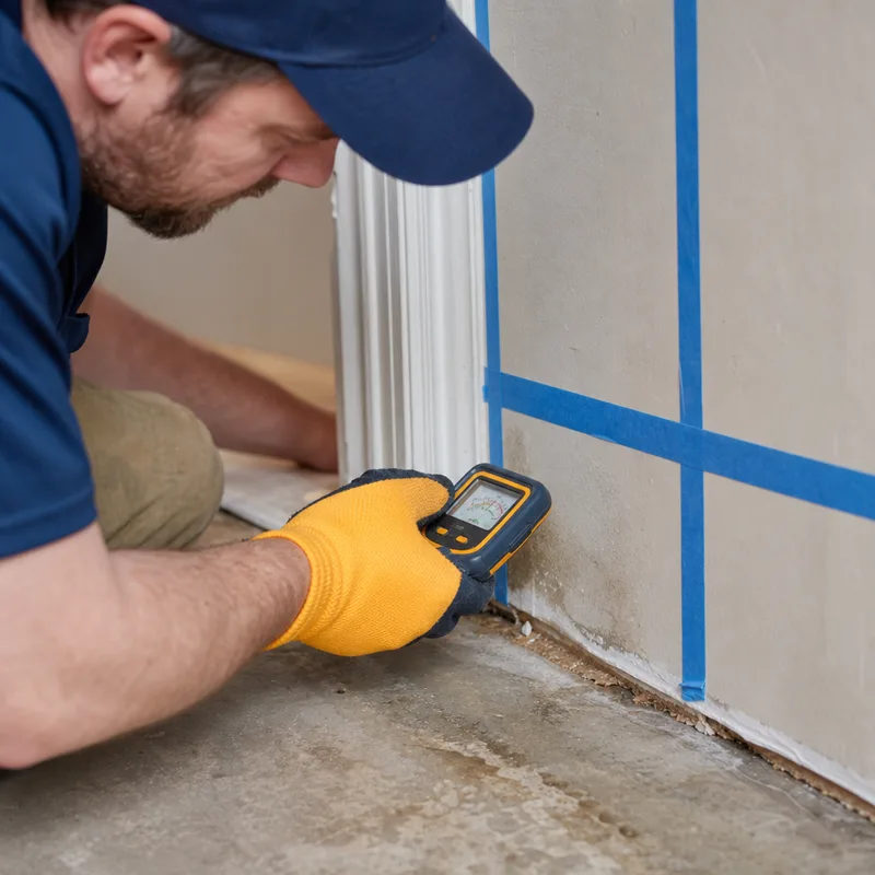Technician taking a moisture meter reading at the base of a drywall wall near a marked moisture map grid