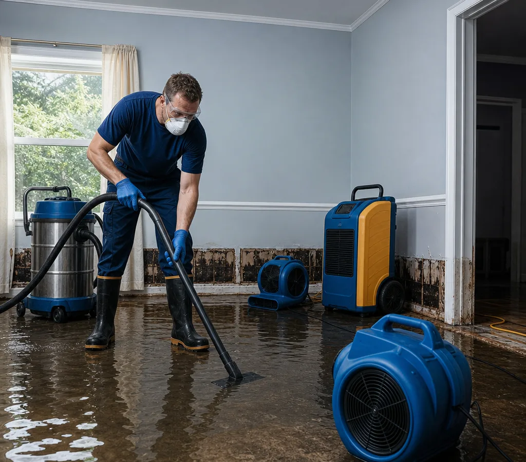 Technician in protective gear extracting standing water from a residential room with restoration equipment nearby