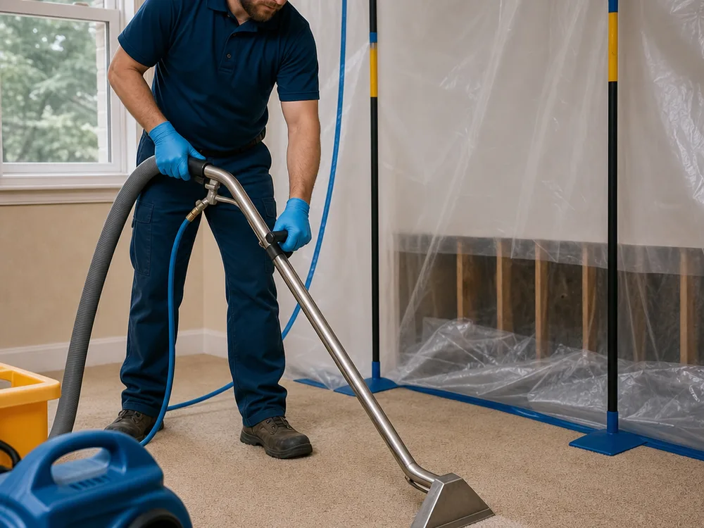 Technician extracting water from carpet with containment materials staged nearby for controlled demolition if needed