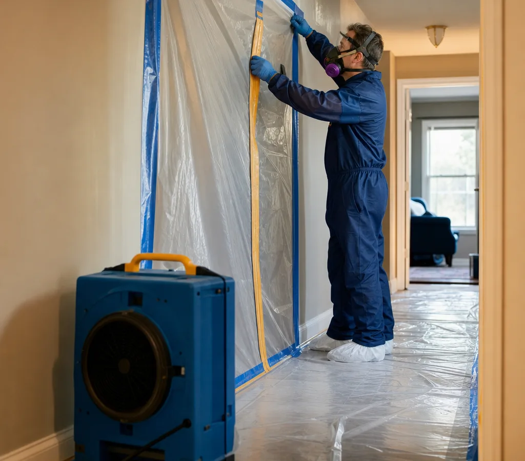 Technician in protective equipment setting up containment and a HEPA air scrubber in a Huntsville-area home